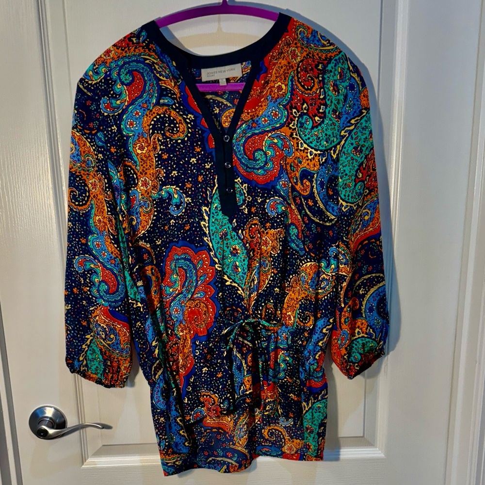 Jones New York Paisley Blouse - Blue, Orange, Green,Black Tie Waist Size M
